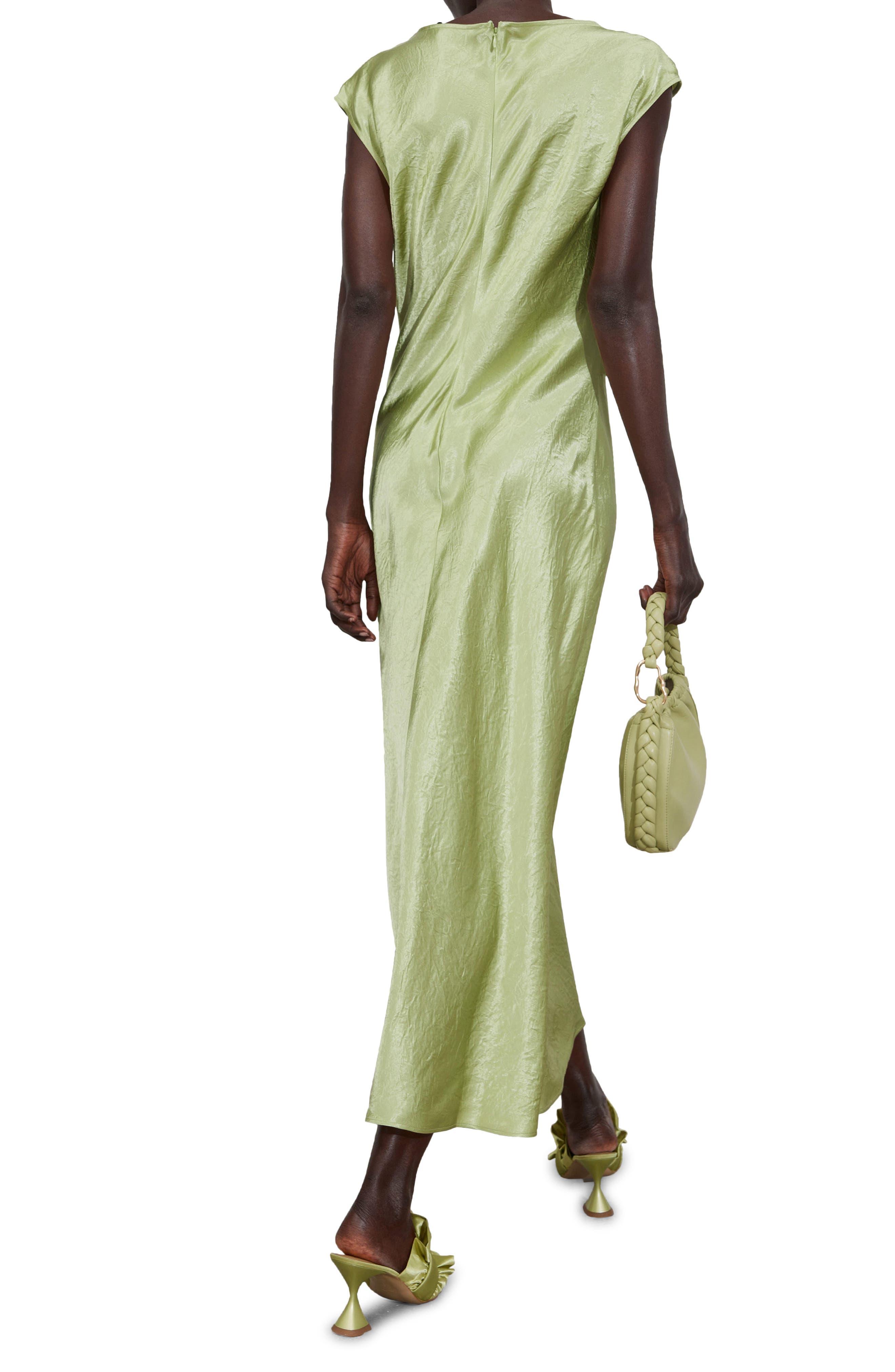 Other Stories & Other Stories Tania Cap Sleeve Satin Midi Dress in Green  Dusty Light | Smart Closet