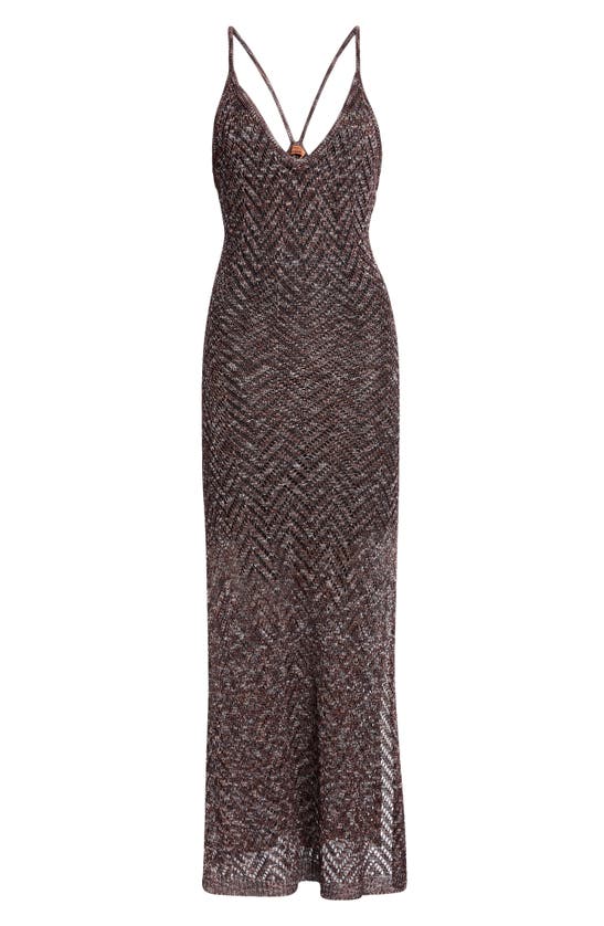 Shop Missoni Scoop Neck Sleeveless Metallic Knit Chevron Maxi Dress In Brown Tones Space-dyed