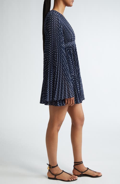 Michael Kors Pleated Long Sleeve Minidress In Midnight/ Optic White