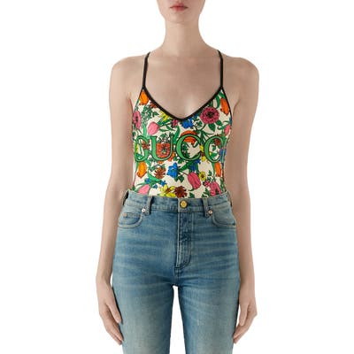 Gucci Pop Flora Print One-Piece Swimsuit, Ivory