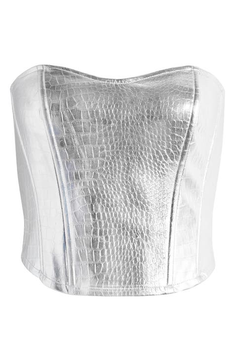 Women Vegan Leather Shiny Iridescent Paillette Quilted Silver