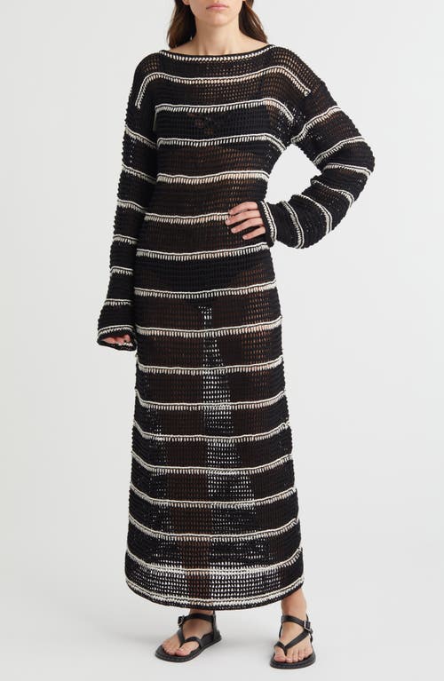 Faithfull The Brand Jesolo Stripe Long Sleeve Open Stitch Cotton Sweater Dress In Black/off White