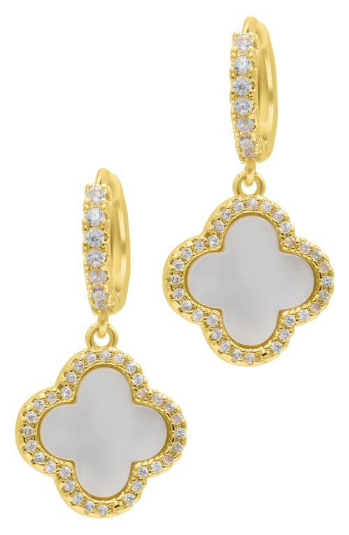 Adornia 14k Gold-plated Crystal Halo White Mother-of-pearl Clover Dangle Huggie Earrings In Gold