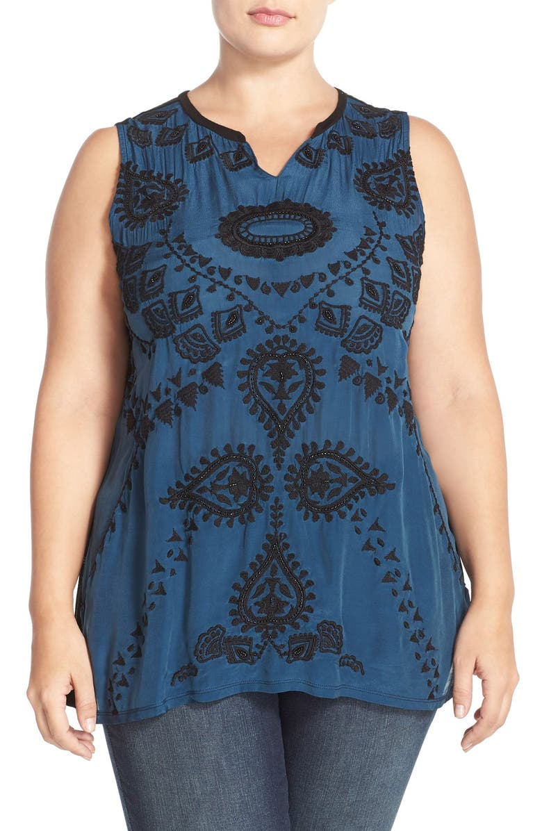 Lucky Brand Mixed Media Embroidered Split Neck Tank (Plus Size) | Nordstrom
