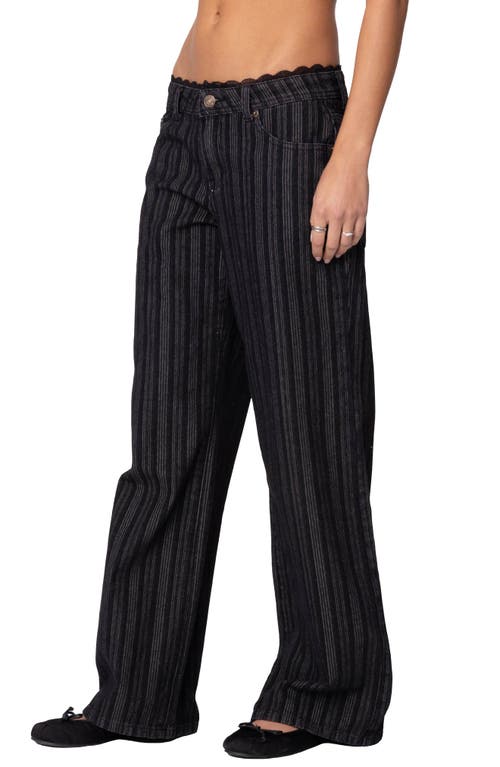 Edikted Stripe Lace Trim Low Rise Wide Leg Jeans In Black
