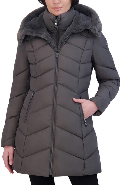 Laundry By Shelli Segal Faux Fur Trim Bibbed Puffer Jacket In Storm Grey