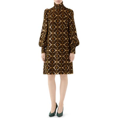 Gucci Metallic Chenille Jacquard Long Sleeve Dress, Brown