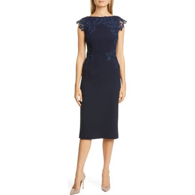 Lela Rose Lace Trim Stretch Wool Sheath Dress, Blue