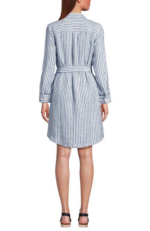 Shop Lands' End Linen Long Sleeve Button Front Shirt Dress In Evening Blue Stripe