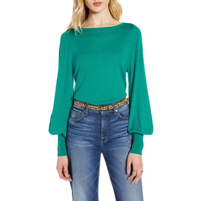 Halogen Bishop Sleeve Merino Wool Blend Sweater, Green