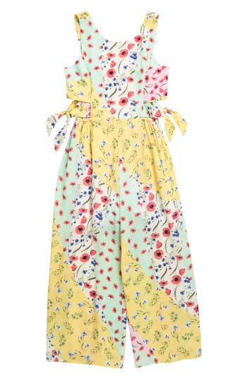 Shop Ava & Yelly Kids' Challis Side Knot Jumpsuit In Yellow/multi