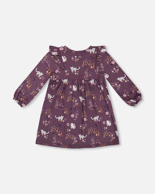 Shop Deux Par Deux Baby Girl's Dress With Frills Mauve Printed Cats