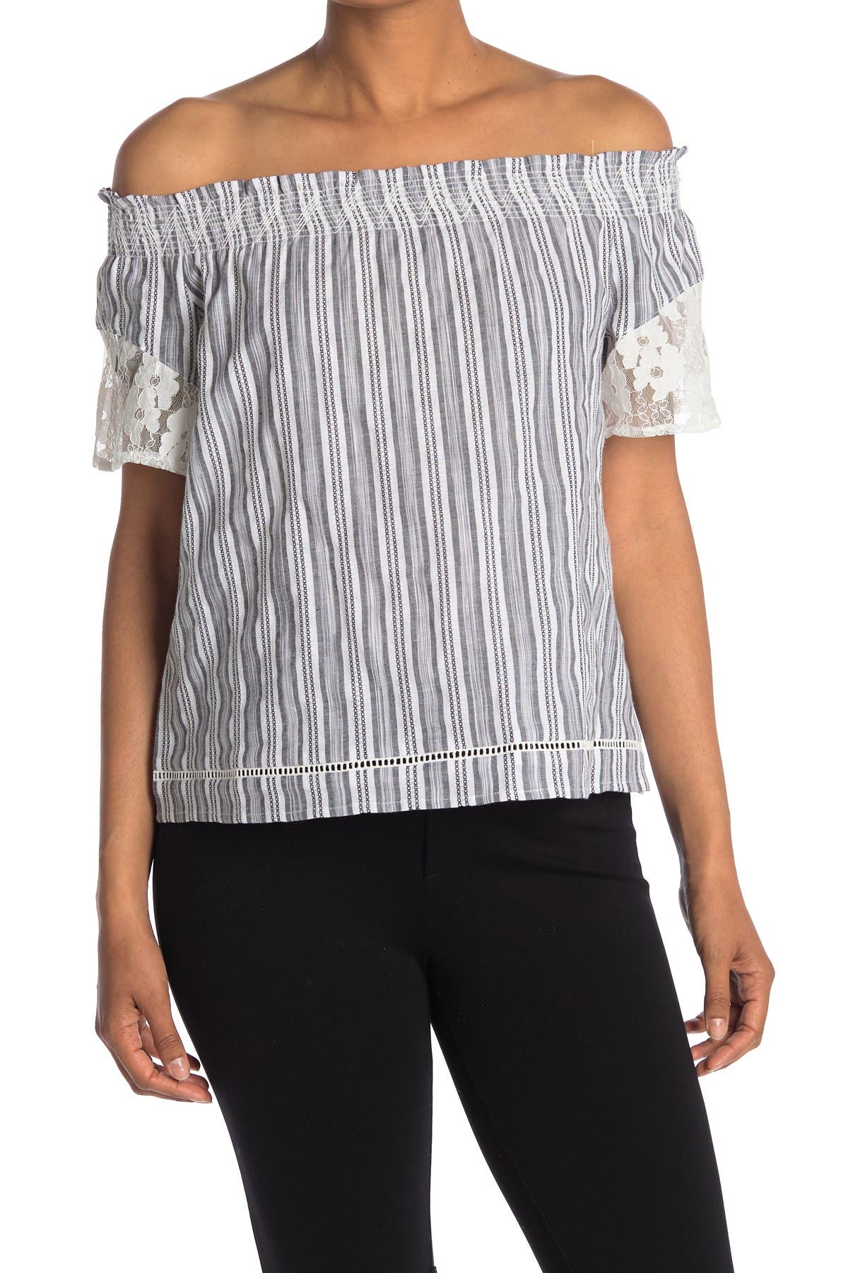 Laundry By Shelli Segal Stripe Off-the-shoulder Lace Top In Open White9