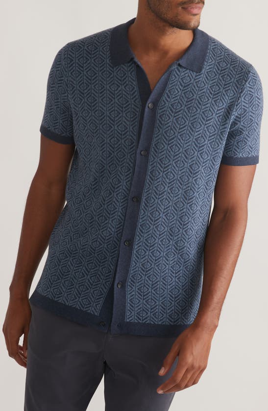 Shop Marine Layer Ethan Knit Button-up Shirt In Blue Geo Jacquard