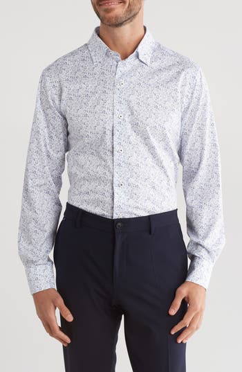 Shop David Donahue Paisley Casual Cotton Twill Button-up Shirt In White/navy