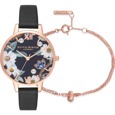 Olivia Burton Bejewelled Leather Strap Watch And Bracelet Set, 35Mm
