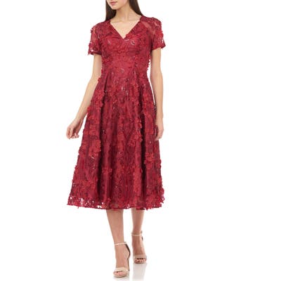 Carmen Marc Valvo Infusion 3D Flower Midi Dress, Burgundy