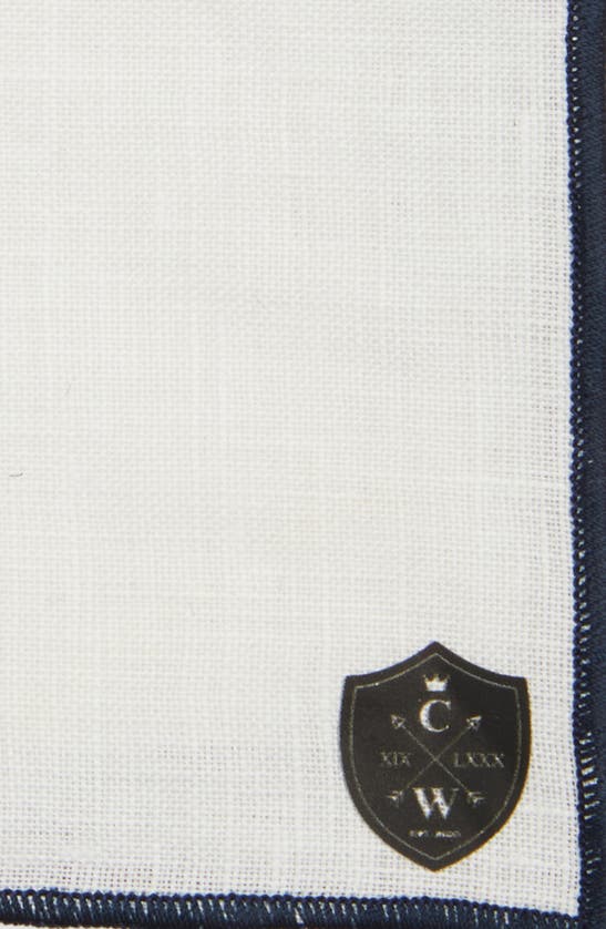 Clifton Wilson White Linen Pocket Square With Navy Trim In Navy