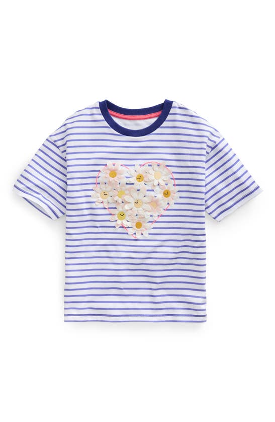 Shop Mini Boden Kids' Stripe Floral Appliqué Cotton Graphic T-shirt In Wisteria Blue/ Ivory Heart