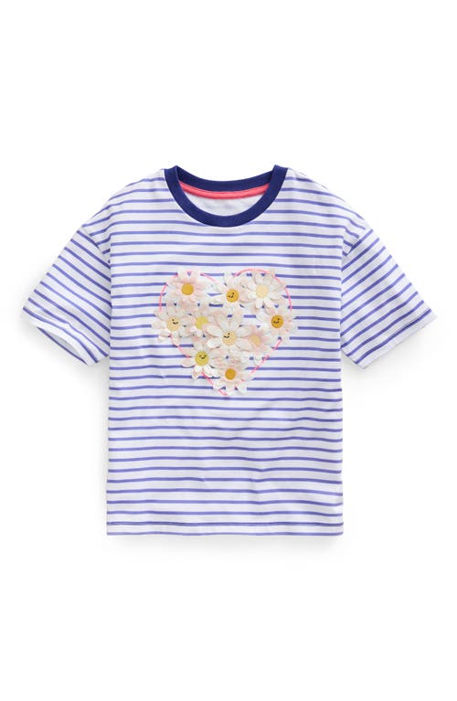 Mini Boden Kids' Stripe Floral Appliqué Cotton Graphic T-shirt In Wisteria Blue/ivory Heart