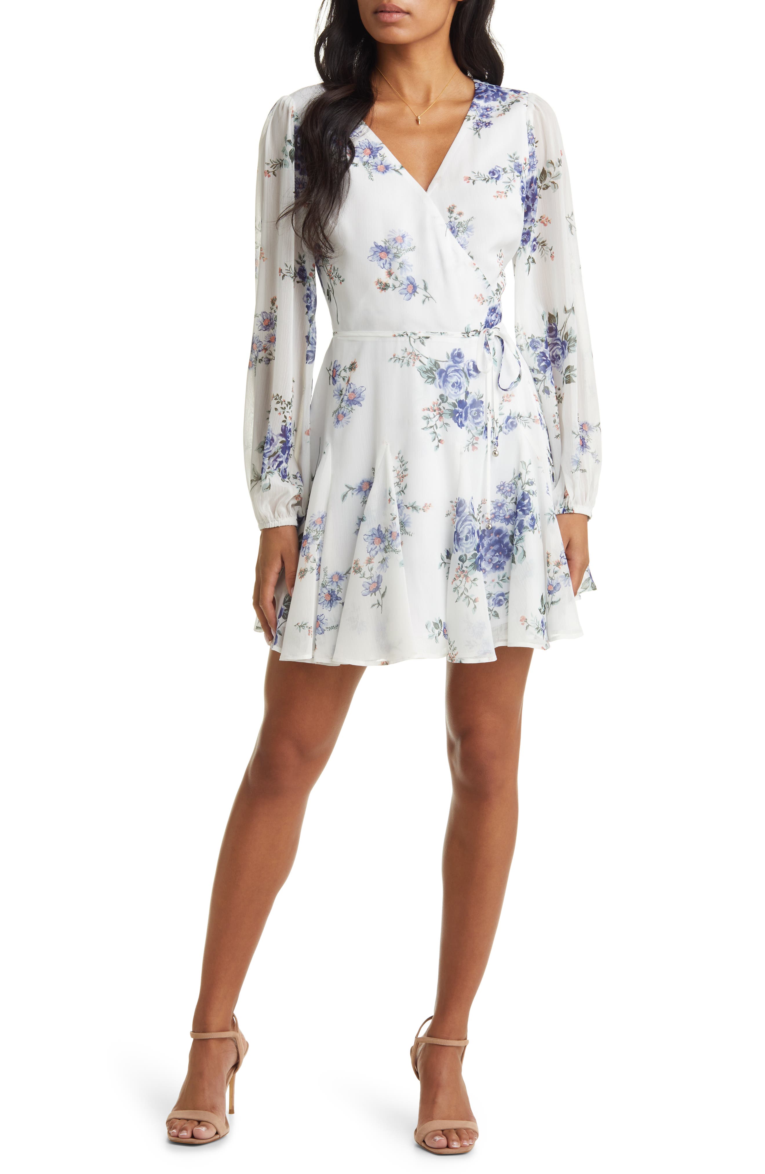 Vici Collection Floral Print Long Sleeve Wrap Dress in Cream/Purple