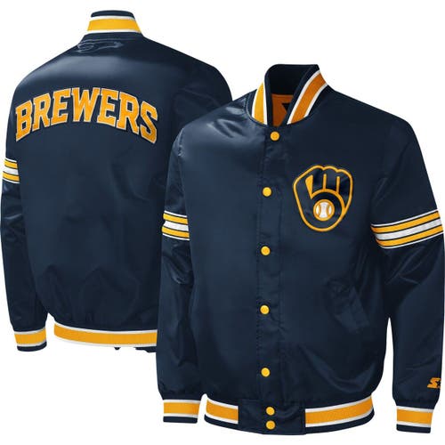 Men's Starter Navy Milwaukee Brewers Midfield Satin Full-Snap Varsity Jacket