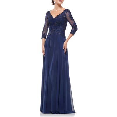 Marsoni Gathered Lace & Chiffon A-Line Gown, Blue