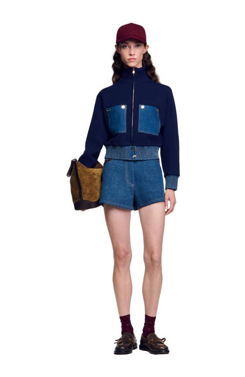 Shop Sandro Knit And Denim Coatigan In Blue