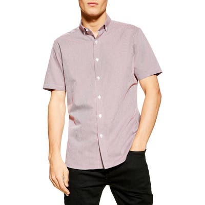 Topman Slim Fit Print Button-Up Sport Shirt, Burgundy