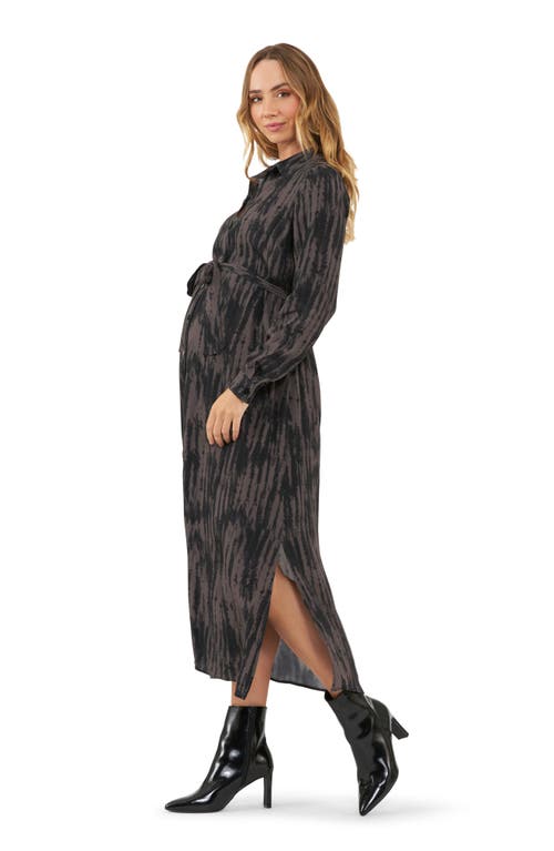 Shop Ripe Maternity Sylvia Long Sleeve Tie Waist Maternity Shirtdress In Mocha/black