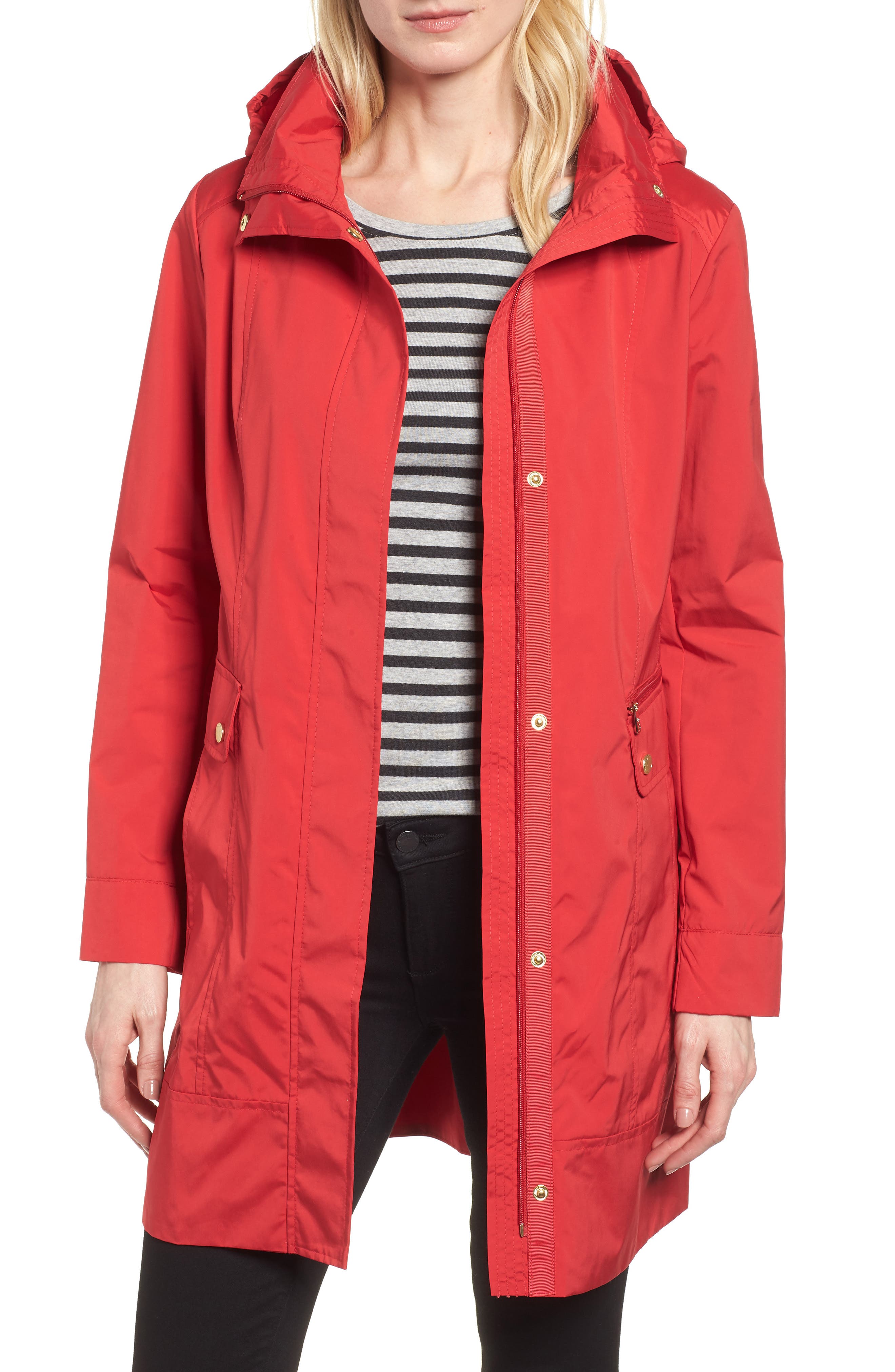 red raincoat with hood