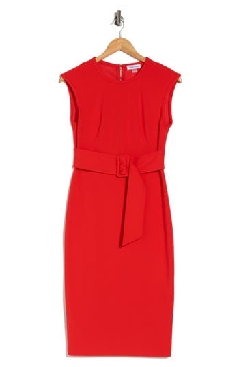 Calvin Klein Cap Sleeve Belted Sheath Dress In Red