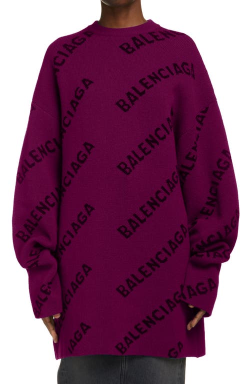 Balenciaga Intarsia Logo Oversize Wool Blend Sweater in Purple/Black