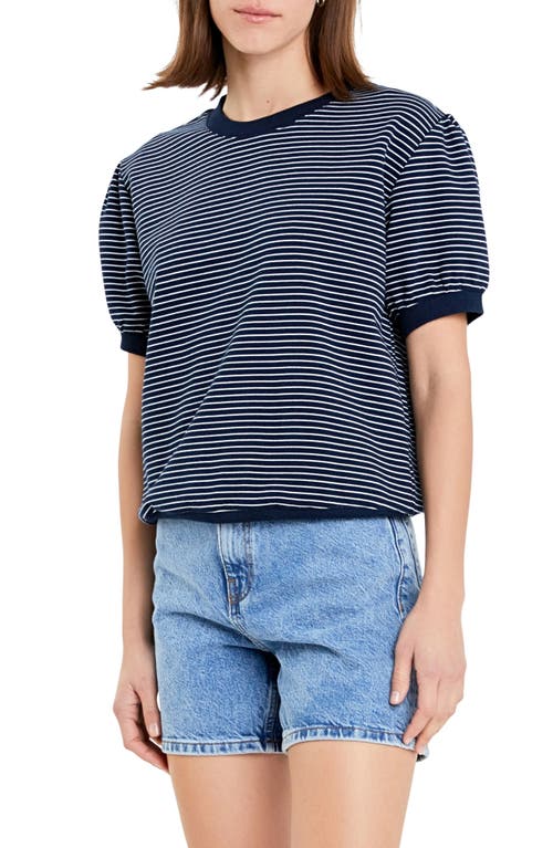 English Factory Stripe Puff Sleeve French Terry Top In Navy/white