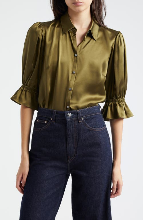 Shop Cinq À Sept Fiona Ruffle Cuff Silk Button-up Shirt In Dark Olive