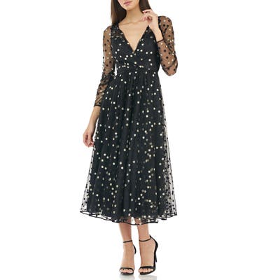Carmen Marc Valvo Infusion Embroidered Tulle Faux Wrap Cocktail Dress, Black