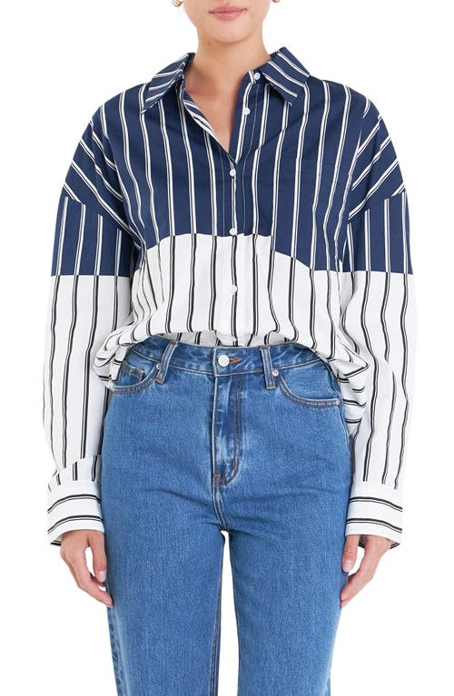 Shop English Factory Stripe Colorblock Button-up Shirt In Navy/white