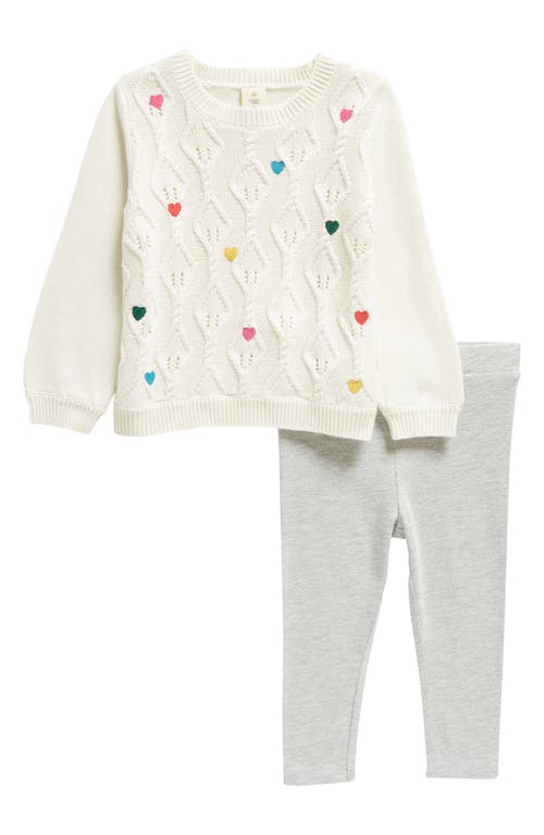 Tucker + Tate Embroidered Pointelle Sweater & Leggings Set in Ivory Egret Multi Hearts- Grey