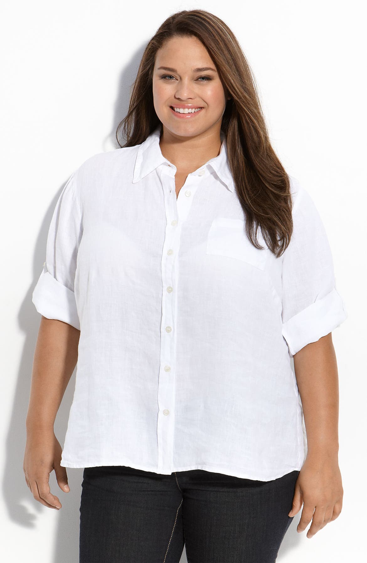 Allen Allen Tab Sleeve Linen Shirt (Plus) | Nordstrom