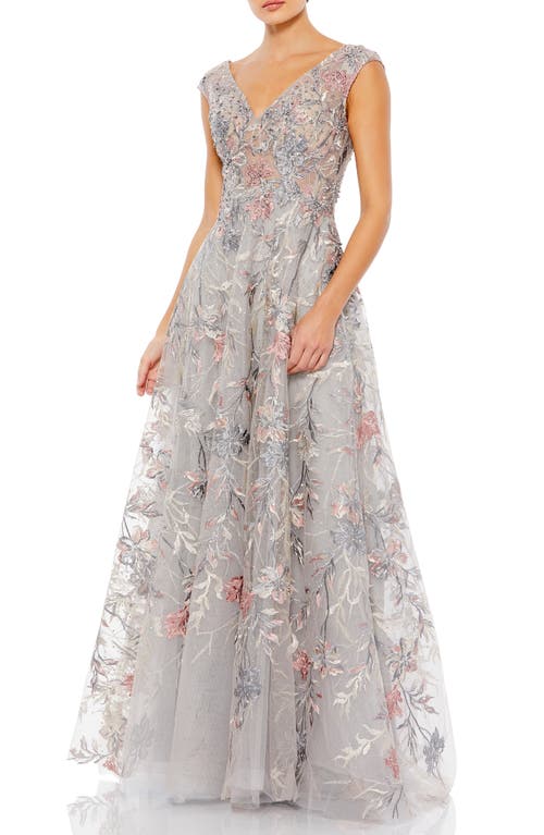 Mac Duggal Floral Embroidered V-Neck Tulle Ballgown at Nordstrom,