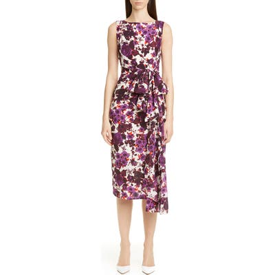 Erdem Floral Bow Waist Silk Crepe De Chine Sheath Dress, US / 12 UK - Purple