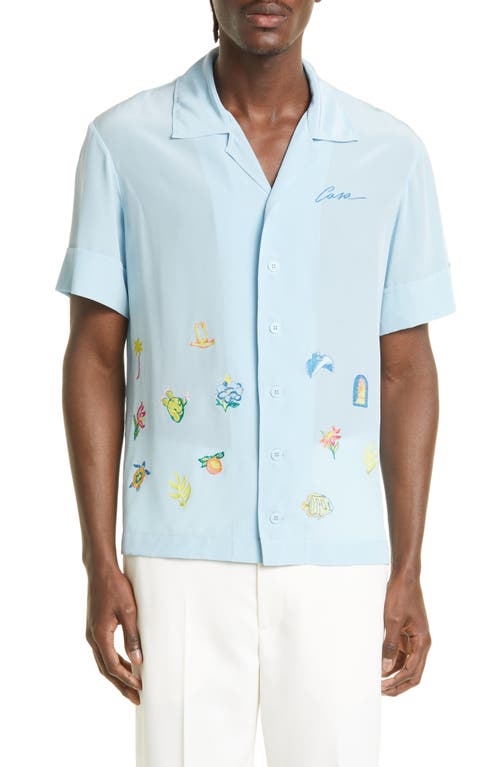 Casablanca Embroidered Short Sleeve Silk Button-Up Camp Shirt in Casa Icons