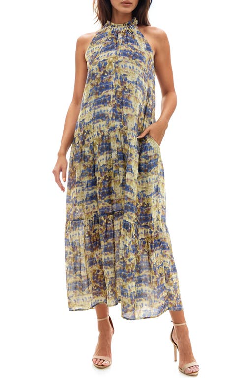 Abstract Print Sleeveless Maxi Dress in Blue/Tan