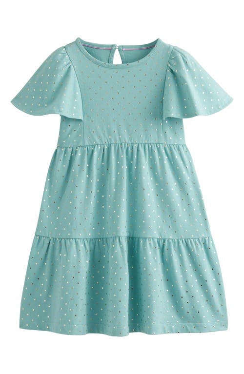 Mini Boden Kids' Polka Dot Metallic Tiered Cotton Dress Aqua Sea Spot at Nordstrom,