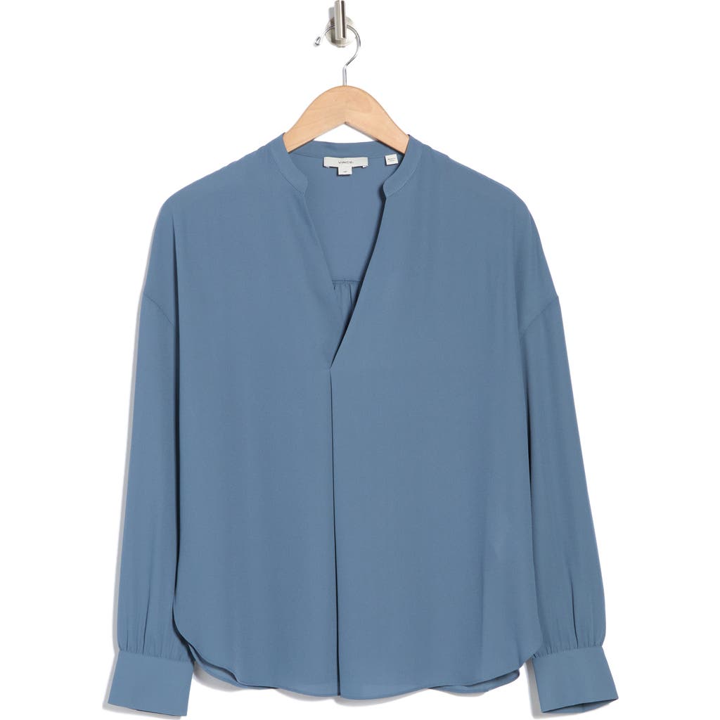 Shop Vince Pleat Front Long Sleeve Blouse In Aqua Stone
