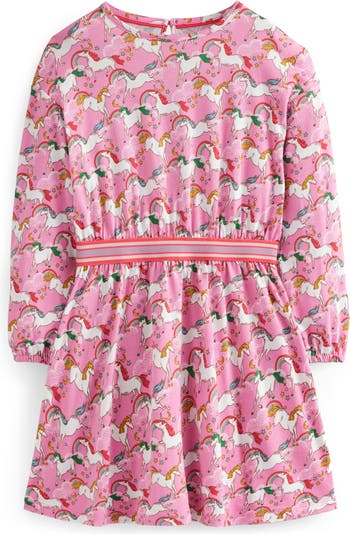 Mini Boden Kids' Fun Heart Bunny Long Sleeve Jersey Dress, Ballet