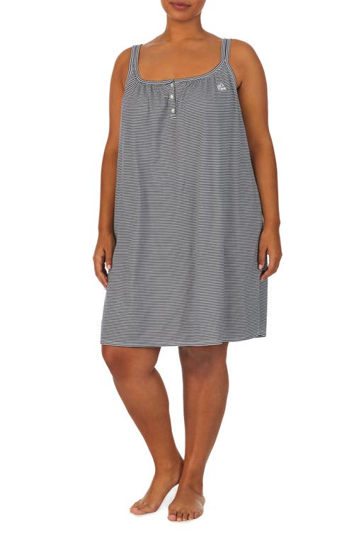Ralph Lauren Plus Size Cotton Knit Double-strap Nightgown In Dark Blue/stripe