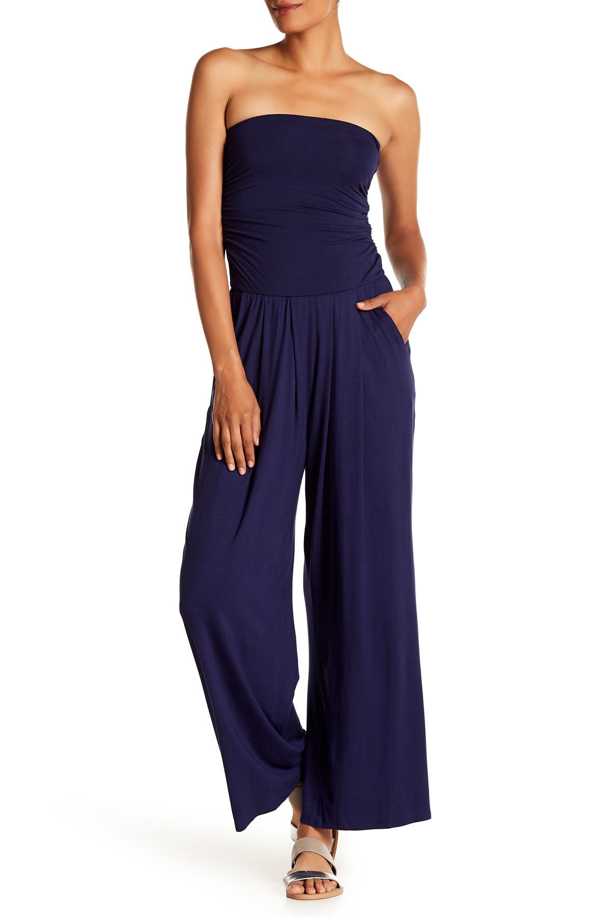 ruched strapless jumpsuit