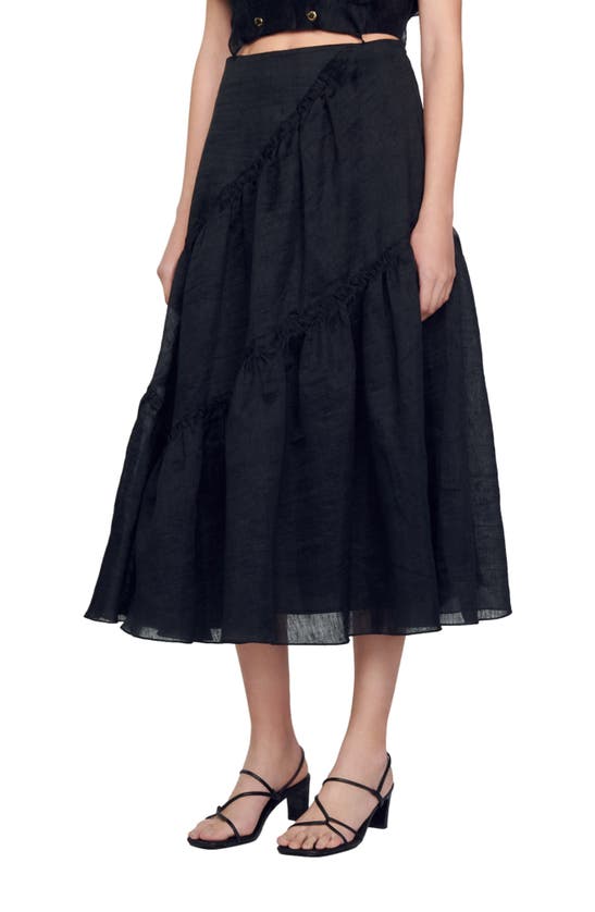 Shop Sandro Christina Tiered Linen Blend Maxi Skirt In Black