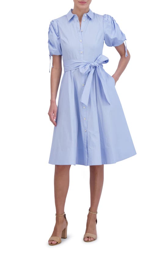 Shop Eliza J Ruched Puff Sleeve Cotton Midi Shirtdress In Light Blue